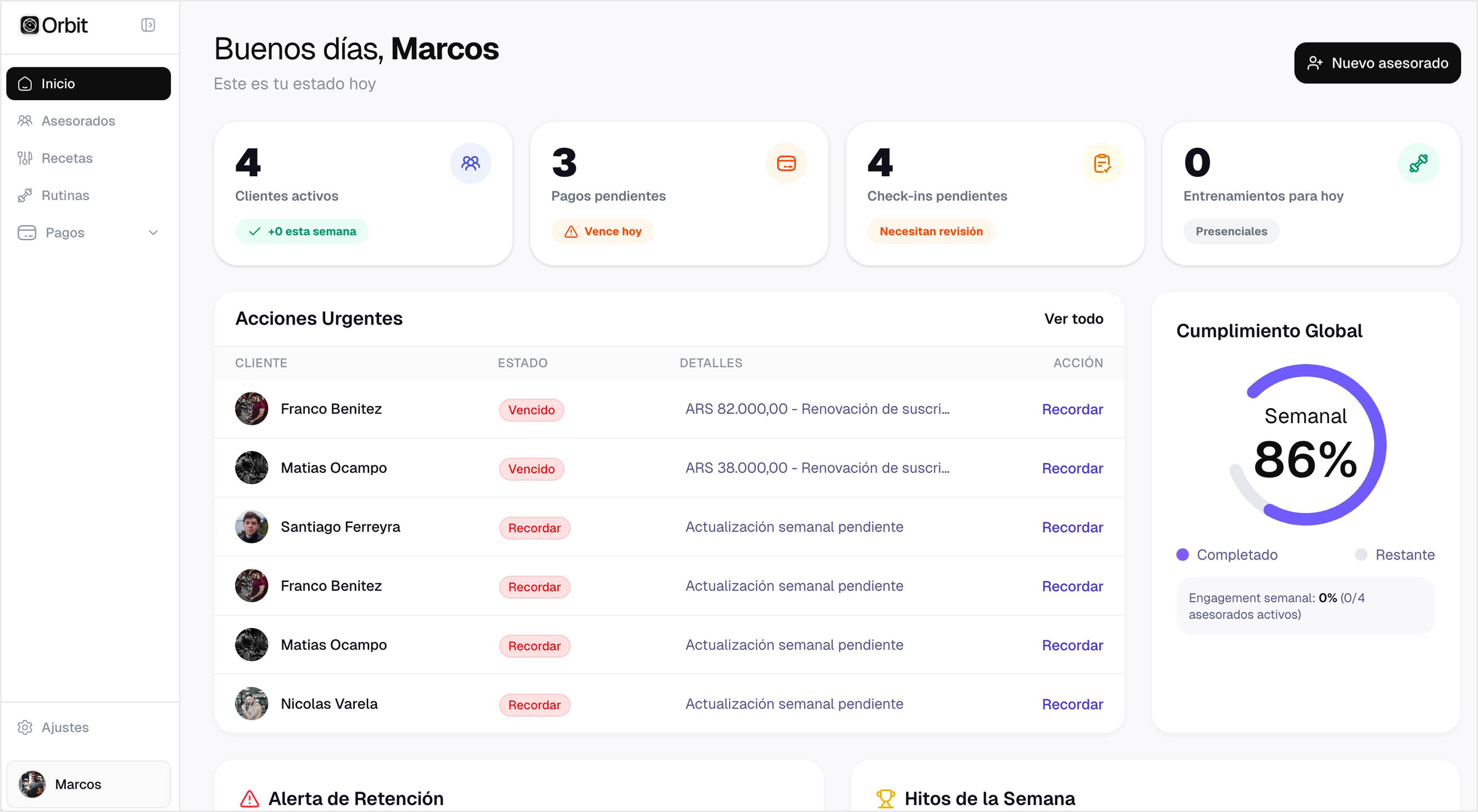 Panel de gestión de Orbit mostrando dashboard del coach